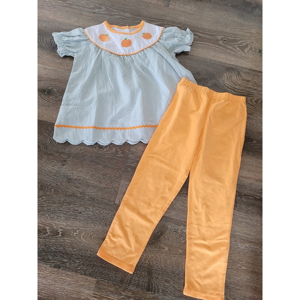 Abby & Evie Girls 5 Blue Gingham Pumpkin Embroidered Tunic Leggings Set Fall #6